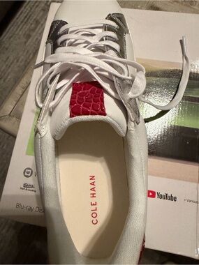 Cole Haan White Leather Sneaker with Red Accent and Silver Trim